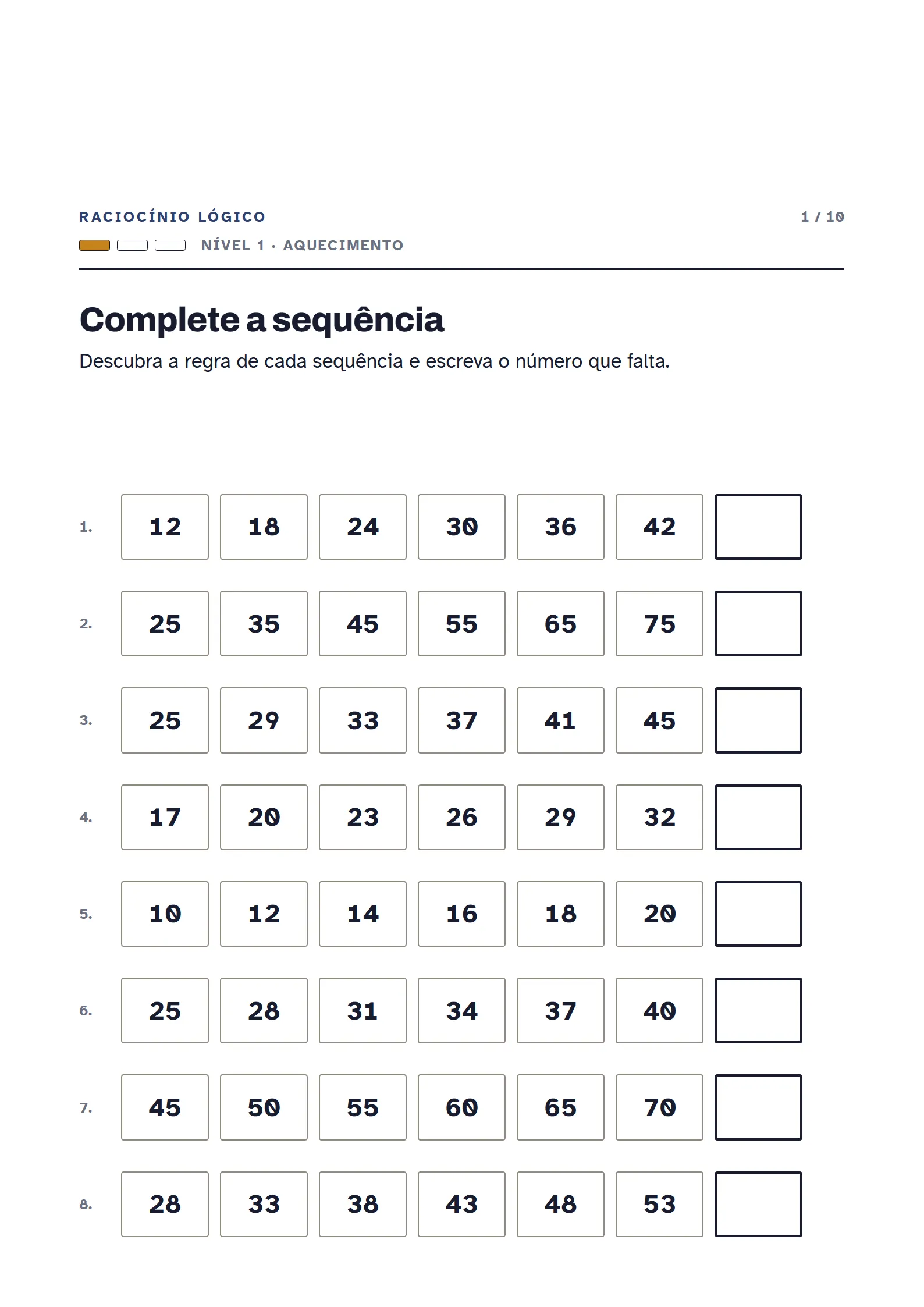 Exemplo de folha: Complete a sequência